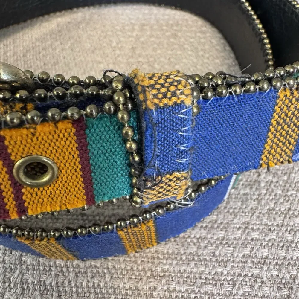 Vintage Guatemalan Handwoven Fabric & Leather Belt – Boho Southwestern Style 546